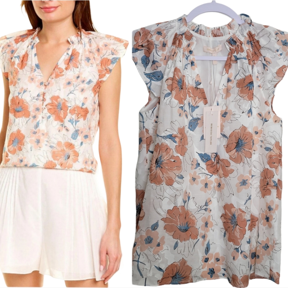 Rebecca Taylor Amelie Fleur Silk Blend V Neck Sleeveless Blouse Top XS